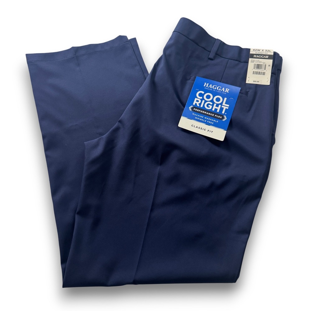 Haggar Cool Right Performance Flex Mens 42x32 Navy Blue Classic Fit Dress Pants
